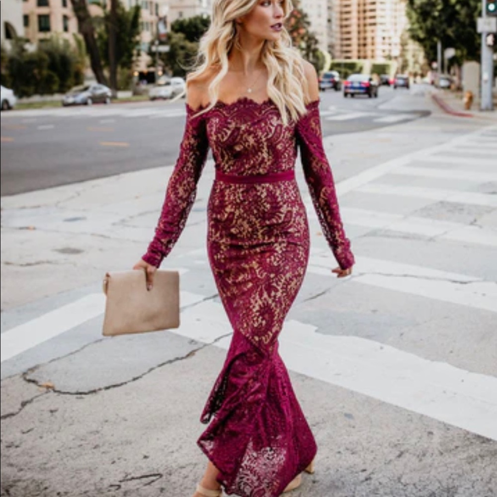 LATISTE burgundy lace off shoulder dress